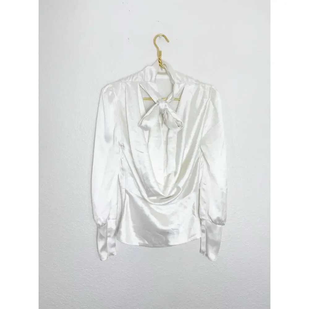 Zara White Satin High Neck Cowl Back Top Size XS Draped Tie Back Quiet Luxury